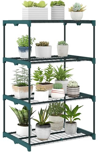 Outsunny Scaffale Porta Piante Verticale a 4 Livelli in Acciaio e Plastica, Porta Vasi per Interni ed Esterni Giardino Balcone, 67x49x105 cm, Verde Scuro