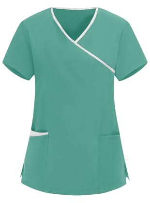 Chemisier D'allaitement Femme Col en V Manche Courte Tunique Médical Blouse Tenue Aide Soignante Professionnelle Esthéticienne Couleur Unie Blouse avec Poches Medicale Infirmiere Uniforme de Travail