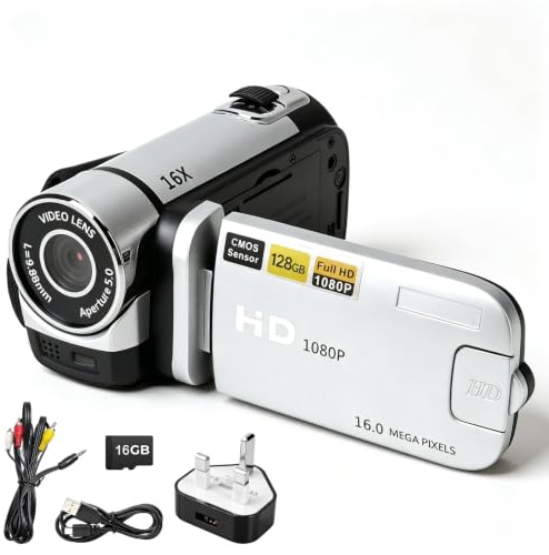 Camcorder Video Camera with 16GB SD Card, 1080P 16MP Digital Camera Recorder with 2.7 270° Rotating Screen, 16X Digital Zoom, LED Fill Light, Rechargeable Vlogging Camera for Beginners Kids Travel