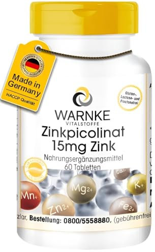 Zink Tabletten - 15mg Zink pro Tablette - 60 Tabletten - hochdosiert & vegan - aus Zinkpicolinat | Warnke Vitalstoffe - Deutsche Apothekenqualität