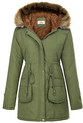GRACE KARIN Women's Hooded Winter Coats Parkas Fleece Jacket Army Green L