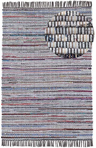 carpetfine Flickenteppich Kelim Chindi Grau 60x110 cm | Fleckerlteppich aus Baumwolle für Wohnzimmermit Fransen