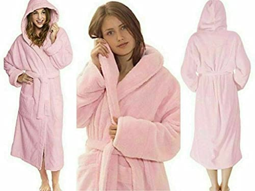 LJ Unisex 100% Egyptian Cotton Hooded Bathrobes Womens Mens Super Soft Terry Towelling Extra Absorbent Hotel Quality 650 GSM Cosy Dressing Gowns Housecoat Nightwear (Large, Baby Pink)