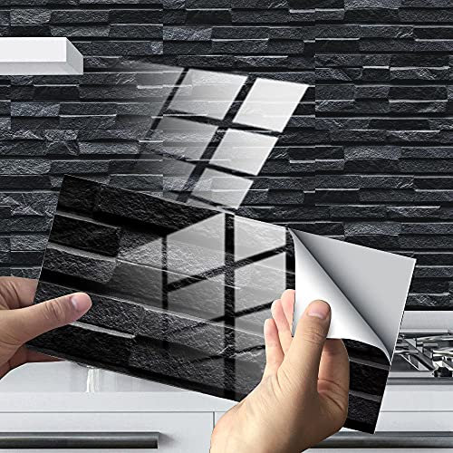 Stick on Tiles Black Marble Tile Stickers PVC Self Adhesive Wall Tiles Heat Resistant Tile Stickers for Kitchen Bathroom Waterproof Peel and Stick Floor Tiles Tile Paint 48 pcs