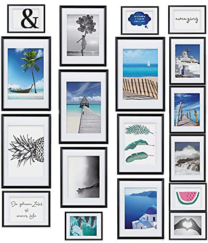 bomoe Bilderrahmen Set 18er Paradise – 6X 10x15 cm, 4X 13x18 cm, 4X 18x24 cm, 4X 20x30 cm Fotowand Fotorahmen Collage Bilderrahmen mit Passepartout - Bilder Wand Kunststoff & Kunststoffglas Schwarz