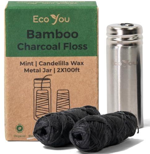 EcoYou Charcoal Bamboo Floss | 2 Non Toxic Natural Floss Refill with Metal Container | Organic Mint & Candelilla Wax | Vegan & Biodegradable | Compatible w/Similar Dental Floss Silk Refill Containers