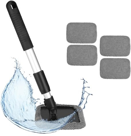 BSOMAM Outil de nettoyage de pare-brise rétractable, Outil de nettoyage de pare-brise de voiture à manche longue avec 4 chiffons en microfibre lavables, Nettoyant pour vitres de voiture - Idéal pour
