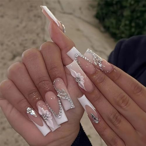 24pcs Long Square False Nails French Tip White Edge Stick on Nails 3D Rhinestone Flower Design Nude Pink Press on Nail Removable Full Cover Glue on Fake Nail Art Accessories for Women