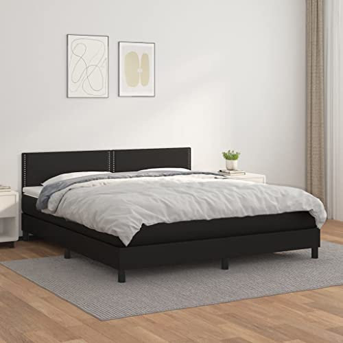 Willood Boxspringbett mit Matratze Schwarz 160x200 cm Kunstleder Kunstlederbett Polsterbett Bettgestell Bett Hotelbett Schlafzimmerbett Bettrahmen LattenrostFlach mit Nägeln