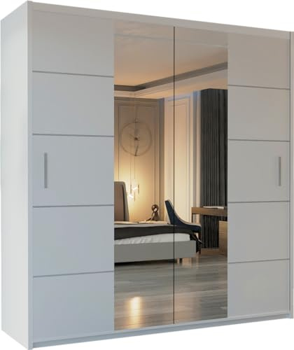 MN Furniture Sliding Wardrobe with Full Mirror Doors, Shelves & Hanging Rails, Space Saving Bedroom Storage, White Black Grey Oak (White, 180cm)