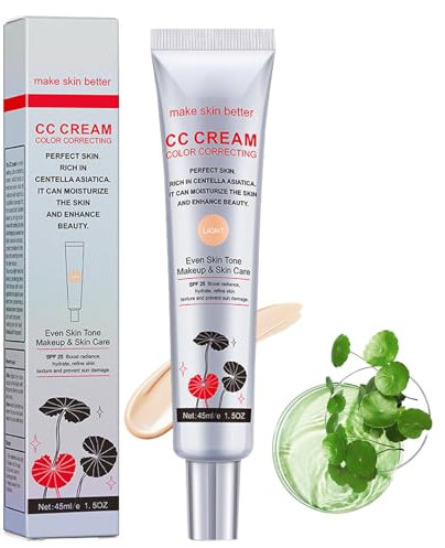 Crème CC Avec Centellas Asiatica, Correcteur de Longue Durée et Hydratant, Correcteur de Couleur de Maquillage, Tous Types de Peaux - Couvrance Légère et Naturelle-SPF 25+, Claire