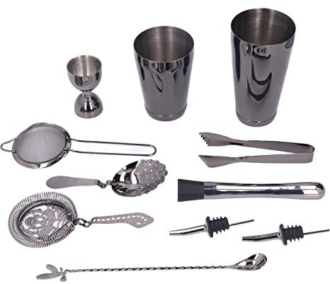 Akozon Set di Shaker per Cocktail da 11 Pezzi - Kit da Barista in Acciaio Inossidabile con Strumenti di Miscelazione Essenziali per Uso Domestico e Al Bar (Grigio canna di fucile)