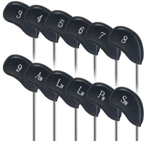Craftsman Golf 12pcs Thick Synthetic Leather Golf Iron Head Covers Set Headcover Fit All Brands (Black with Silver No.)