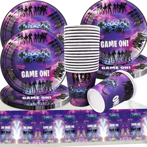 41 Pièces Set de Vaisselle Thème de Jeu Anniversaire Fête, Comprendre 20 Papier Assiettes, 20 Tasses et Nappes, Thème de Jeu Accessoires de Fêtes Ensemble (20 invités)