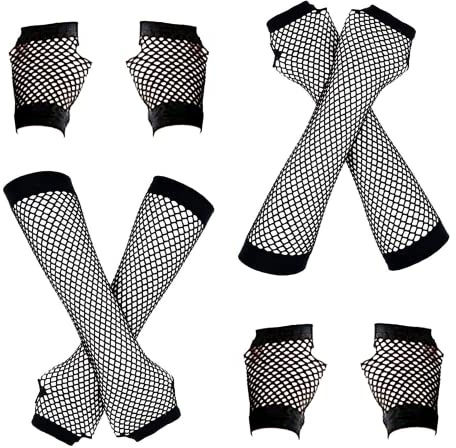 IRYNA 4 Pairs Fingerless Mesh Gloves - Black Fishnet, Long & Short, 80s Party Fancy Dress Accessories