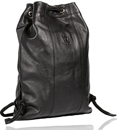 MATADOR Fitness Turnbeutel Schwarz Leder #SPARTA, eleganter Sportbeutel Schwarz, Echtleder Kordelzugbeutel, Turnbeutel Festival, Kleine Tasche Herren Gym Rucksack in Schwarz Nappa