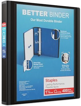 Staples Better Binder, 1.5 Heavy‑Duty D‑Ring 3‑Ring Binder, Black, Reinforced Spine, Holds 400 Sheets, Durable Binder for School, Office & Presentations, 3‑Pack