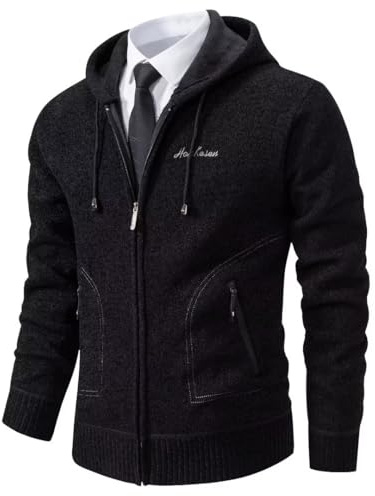 Shuanghao Men's Cardigan Sweater Knitwear Jacket Coat Classic Casual Thick Velvet Wool Fleece Warm Long Sleeve Relaxed Fit Zipper Knitwear Sweatshirt Active Sweater for Men UK Black XS(Hooded)