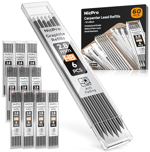 Nicpro Lot de 60 mines de 2,8 mm pour crayon de charpentier mécanique, résistantes à la casse de 2,8 mm, pour crayons de chantier, crayons de travail du bois (noir)