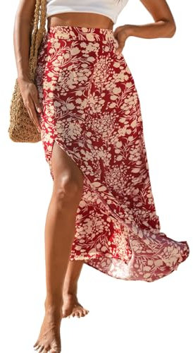 CUPSHE Damen Rock Blumen Druck Maxirock Hohe Taille Seitenschlitz A-Linie Sommer Elegent Strandrock mit Reißverschluss Rot S