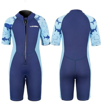Lansru Kinder Neoprenanzug für 1-10 Jahre Jungen und Mädchen, SCR-Neopren 2mm Kurzer , sichereres Material, UV-Schutz, Frontreißverschluss für Schwimmunterricht, warmhalten in kaltem Wasser