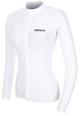Aiihoo Damen Badeshirt UV Schutz Shirt Langarm Reißverschluss Rash Guard Sonnenschutz Schwimmshirt Badeoberteil Badebekleidung Weiß M