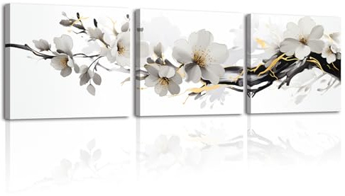 Piy Painting 3x Cuadro Moderno en Lienzo flor de durazno, Impresión en lienzo Elegantes ramas de flores, Flor Cuadro Decoracion Dormitorio, Decoracion de Pared para Baño 30x30cm, Marco Incorporado