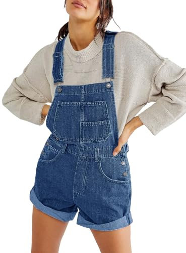 Sukany Women's Casual Denim Overall Shorts Loose Adjustable Straps Dungarees Bib Jeans Shortalls Rompers Pants Dark Blue M