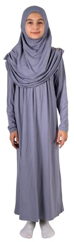 ihvan online Muslim Dress for Girls Long Sleeve One-Piece Islamic Prayer Dress with Head Scarf for Muslim Girls Jilbab Hijab Muslim Girls Fashion Abayas Size : 8-12 Years Old, Grey