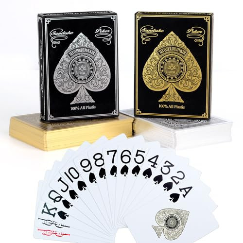 2 Pack Spielkarten Pokerkarten Plastik Wasserdichte Pokerkarten Playing Cards Großdruck-Spielkarten für Erwachsene,Profi Poker Karten Schwarz und Silber Poker Set for Kartenspiel Party Geschenk