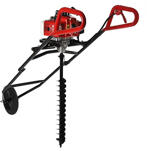 Tarière à essence 2,2 kW 63 CC en métal avec moteur à deux temps, foret de pieu monocylindre à 2 temps avec double foret hélix (80 mm), pliable, brouette, foret, excavatrice
