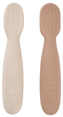 BÉABA, Set Di 2 Cucchiaini Prima Età, Cucchiaini In Silicone, Posate Per Bambini, Dai 4 Mesi, Forma Ergonomica, Diverse Texture, Manico Ergonomico, Praliné/Argilla