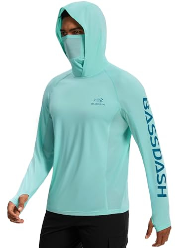 Bassdash UPF 50+ herrskjortor med huva och grafiskt mönster för fiske, med UV-mask, långa ärmar, fuktavledande FS47M, M
