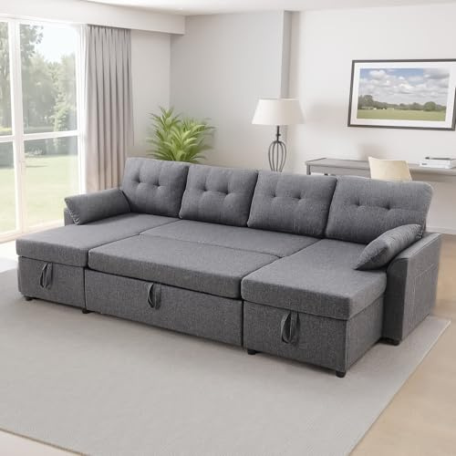 VEVOR Canapé-lit en U, avec 2 Poches latérales, 2 oreillers et méridienne Double, canapé Convertible en lit 6 Places avec Grand Espace de Rangement pour Salon, Appartement, Structure en métal, Gris