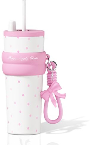 Sidagar 24 oz Insulated Tumbler witn Lid and Straw, Stainless Steel Reusable Leak Proof Water Bottle, Travel Portable Coffee Mug for Hot and Cold, Thermal Cup for Women, Pink Dots