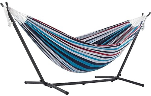 Hamaca resistente con soporte, cama oscilante portátil para jardín y camping, capacidad de 300 kg, lona a rayas para una comodidad duradera