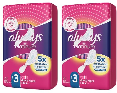 Platinum Sanitary Pads with Wings, Size 3 | 5X Comfort & Protection | Soft Wings, 3D LeakGuard & OdourLock | Bundle of 2 (20 Pads Each, 40 Total)