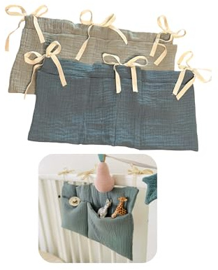 Pack 2 organizador cuna bebé Bolsa de almacenamiento para cuna bebé Organizador cama bebé Bolsillo para la cuna Bolsillo organizador colgante (Verde salvia y azul)
