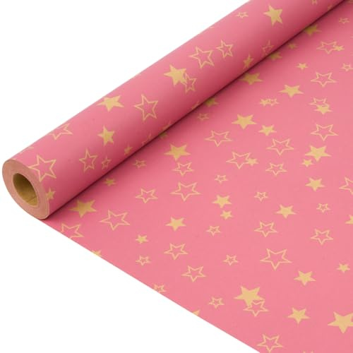 Rouleau de papier cadeau 15 m : Papier rose à motif étoiles, recyclable, idéal pour emballer vos cadeaux de Noël, anniversaires et mariages - 43 cm x 15 m