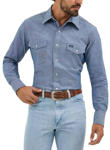 WranglermensCowboy Cut Western Long Sleeve Snap Work Shirt Firm Finish Chambray Blue