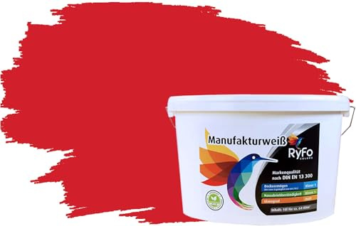 RyFo Colors Bunte Wandfarbe Manufakturweiß Feuerrot 10l - weitere Rot Farbtöne und Größen erhältlich, Deckkraft Klasse 1, Nassabrieb Klasse 1