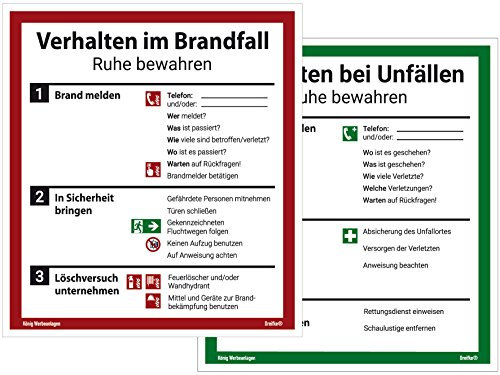 Schild Alu Verhalten im Brandfall und Verhalten bei Unfällen als Set | stabile Alu Schilder mit UV-Schutz 18 x 20 cm | ISO 7010 | Betriebsaushang Notfallplan Aushang | Dreifke®