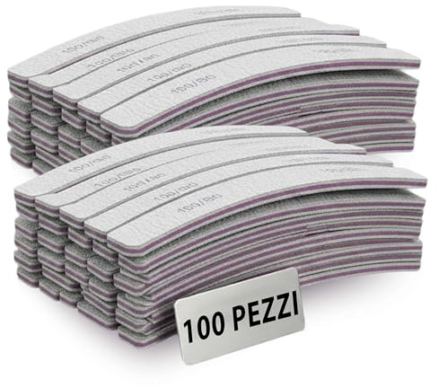 TEMPO DI SALDI Set 100 Lime per Unghie 100 180 Bilaterali a Doppia Grana, Lima per Unghie Professionale, Limetta Curva ideale per Nail Art e Set Manicure