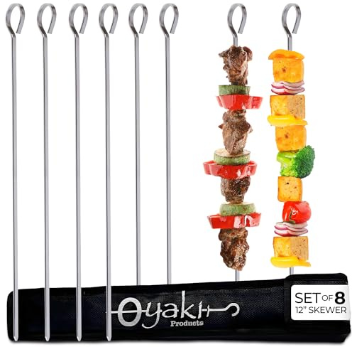 O-Yaki Flat Metal Kabob Skewer for Grilling – Set of 8 BBQ Skewers Stainless Steel with Storage Bag, Dishwasher Safe Skewers with Hook Handle & Sharp Tip for BBQ, Cookouts & Oven Use – 12 Inch