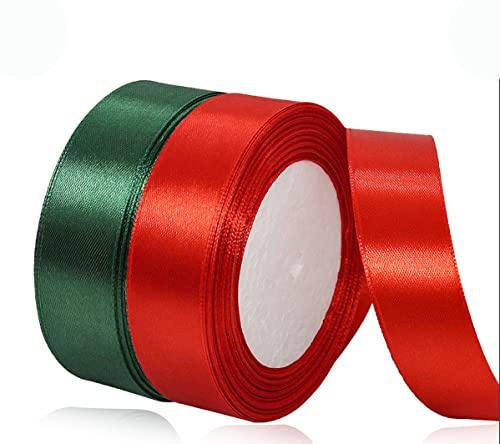 Nastro da regalo di Natale in raso rosso e verde scuro, tessuto solido, 25 mm di larghezza, 2 rotoli da 22 metri per confezione regali