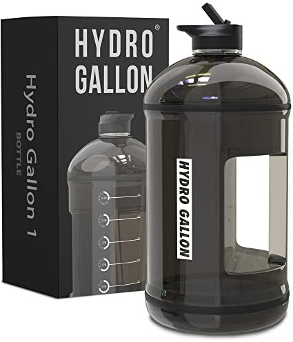 Hydro Gallon® 1 Bottle - 1 Gallon Water Bottle Jug with Straw Lid, Spout Chug Lid, Handle, Motivational Time Marker. Daily Intake All Day Leakproof BPA free Large Big Bottle. 128oz (Black)