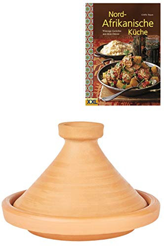 Pentola per tajine marocchina per cucinare + ricettario | Casseruola non smaltata Aladin Ø 35 cm per 6-8 persone | con ricette libro cucina nord africana | originale pentola di terracotta fatta a mano