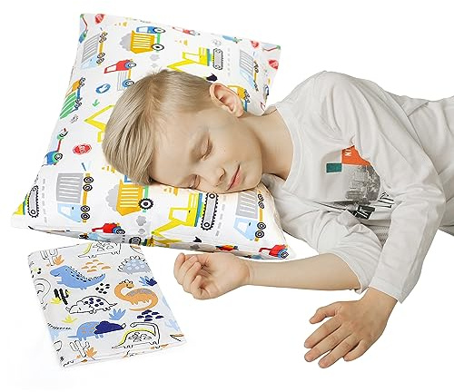 Baby Amabc Set di 3 cuscini per bambini, 1 cuscino per bambini con due morbidi federe in 100% cotone (33 x 40 cm) per i più piccoli, con federa lavabile in lavatrice