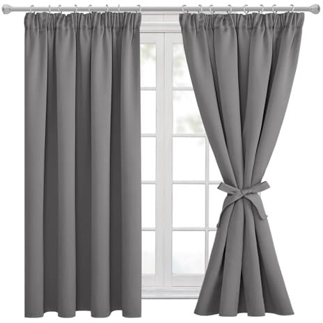 Hiasan Thermal Blackout Pencil Pleat Curtains for Bedroom and Living Room, Room Darkening Drapes, Grey, 46x54 Inch, 2 Panels with Tiebacks