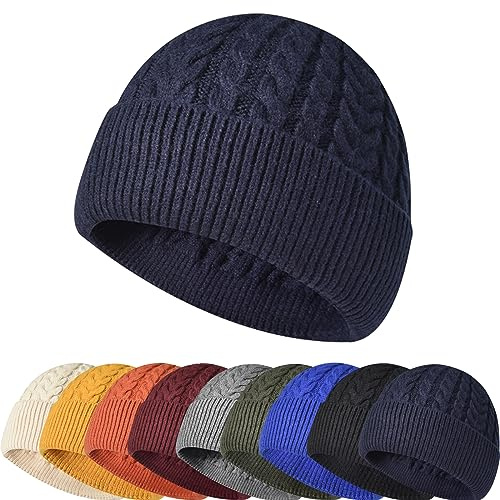 Enwokran Stickad mössa för män, unisex termisk mjuk fiskare trawler mössa mössa kant skalle keps för utomhussport, Marinblått Xsp, one size